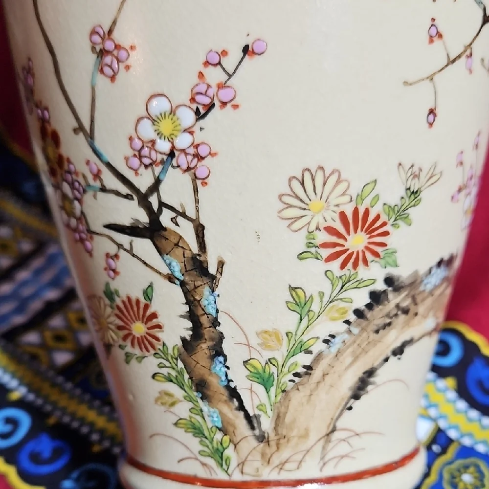 VTG Japanese Shinkozan Satsuma Handpainted Crackle Glaze Vase Birds/Blossoms #1